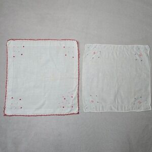 Vintage Embroidered Handkerchief Pair Floral Red Trim Pastel White Cotton 30/40s